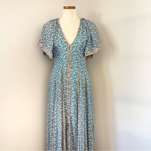 Anthropologie Maeve Blue Pleated Smocked Maxi dress size 6 NWOT Garden Fairy